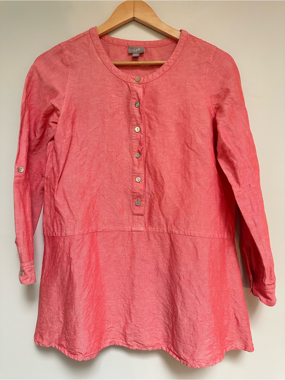 J.Jill Linen Blend Tunic Petite XS Pink Coral Long Sleeve Button Front
